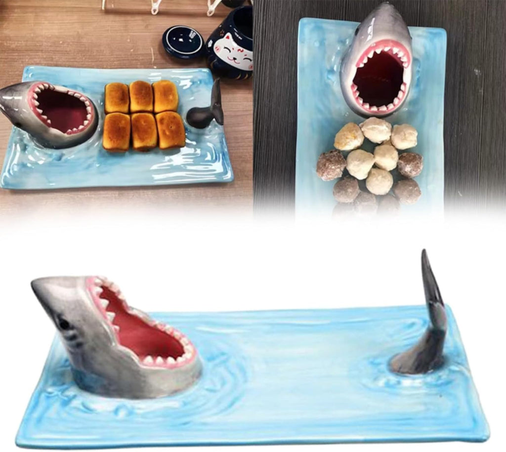 Shark Sushi Plate, Shark Plate, Shark Ceramic Sushi Plate, Creative Shark Shaped Serving Platter, Food Serving Tray with Soy Sauce Bowl and Chopstick Holder, Ideal Gift for Sushi Enthusiasts