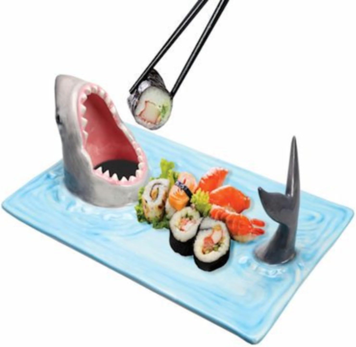 Shark Ceramic Sushi Plate with Soy Sauce Bowl and Chopstick Holder H564971