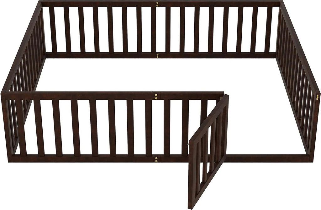 Walnut Queen Montessori Floor Bed with Fence for Kids F162987