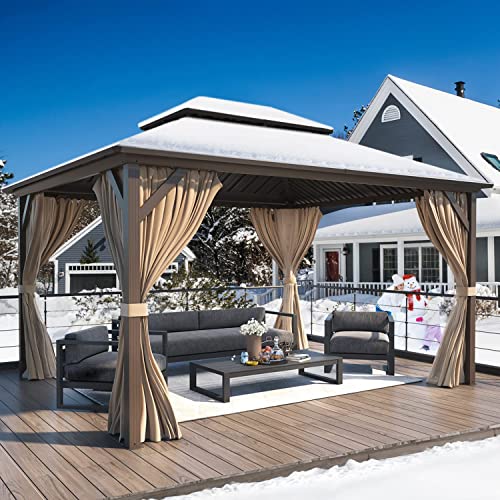 YOLENY 10' x 12' Hardtop Gazebo with Galvanized Steel Double Roof, Netting and Curtains Y84317