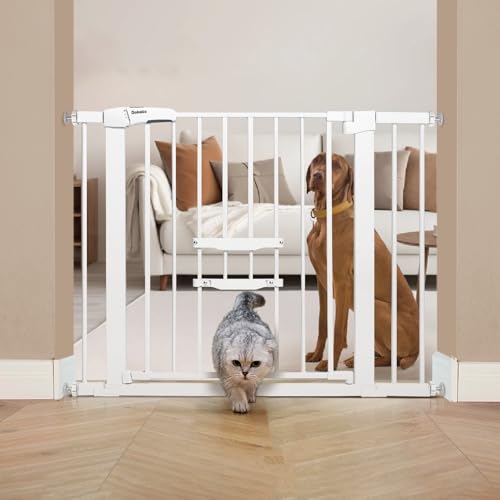 BABELIO 29.5-48" Extra Wide Baby Gate with Cat Door, Auto Close Dog Gate for Stairs & Doorways,Pressure/Hardware Mounted Pet Gate with Cat Door, Metal Safety Gate, Black