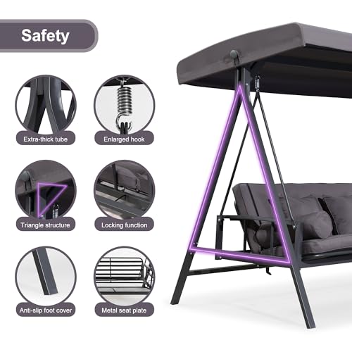 PURPLE LEAF Outdoor Patio Porch Swing with Adjustable Canopy, 3-Seat Bench, Grey W393