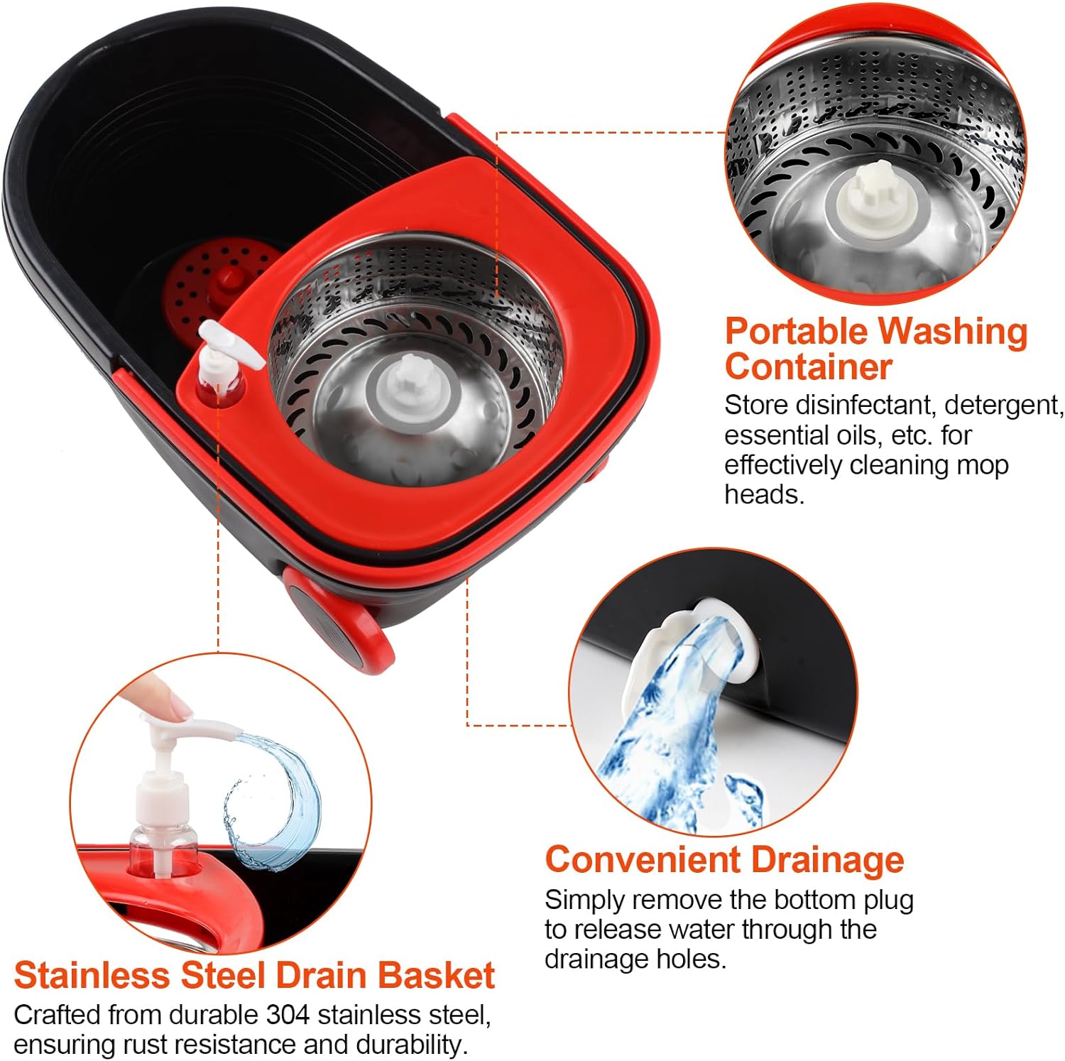 Spin Mop and Bucket with Wringer Set, 360° Rotating, 3 Microfiber Mops Y1467
