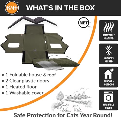 K&H Pet Products Extra-Wide Heated Outdoor Cat House, Weatherproof Insulated Shelter, 2 Doors, Olive G573