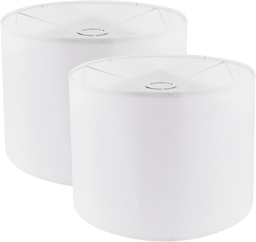 Lamp Shades Set of 2, Drum Lampshade for Table Lamps Floor Lamp, 12" Top X 12" Bottom X 8" High White Large Line Fabric Lamp Shades, Easy Assembly Replacement Lampshades