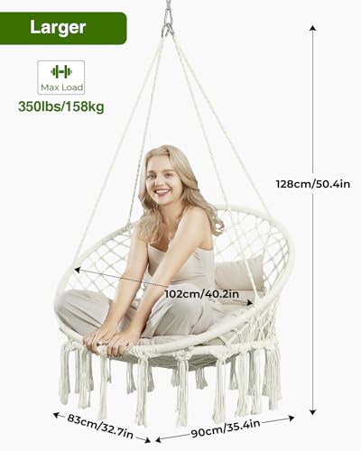 Greenstell Hammock Chair, Macrame Swing Chair with Cushion, Indoor & Outdoor, Beige G7957
