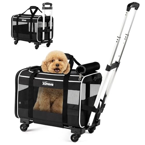 Cat Dog Carrier with Wheels Airline Approved Rolling Pet Carrier with Telescopic Handle, Shoulder Strap and Pet Bowl, Black