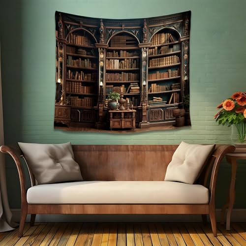 QGHOT Medieval Bookshelf Tapestry Vintage Library Wall Hanging P36533