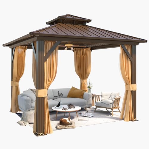 YOLENY 10' x 12' Hardtop Gazebo with Galvanized Steel Double Roof, Netting and Curtains Y84317