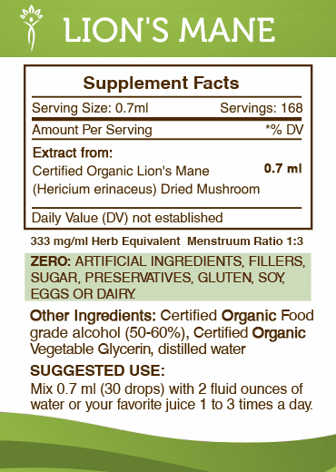 Lion's Mane Tincture Alcohol Extract, Organic Dried Mushroom, 2x4 oz C661137