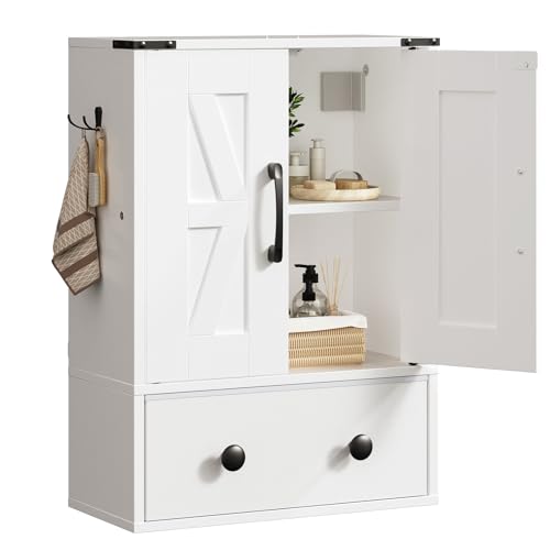Bathroom Wall Cabinet, Medicine Cabinet with Fabric Drawer, Double-Door Wall Mounted Storage Cabinet, 2 Hooks, Easy Assembly, for Bathroom, Bedroom, Living Room, Kitchen, Dining Room, White