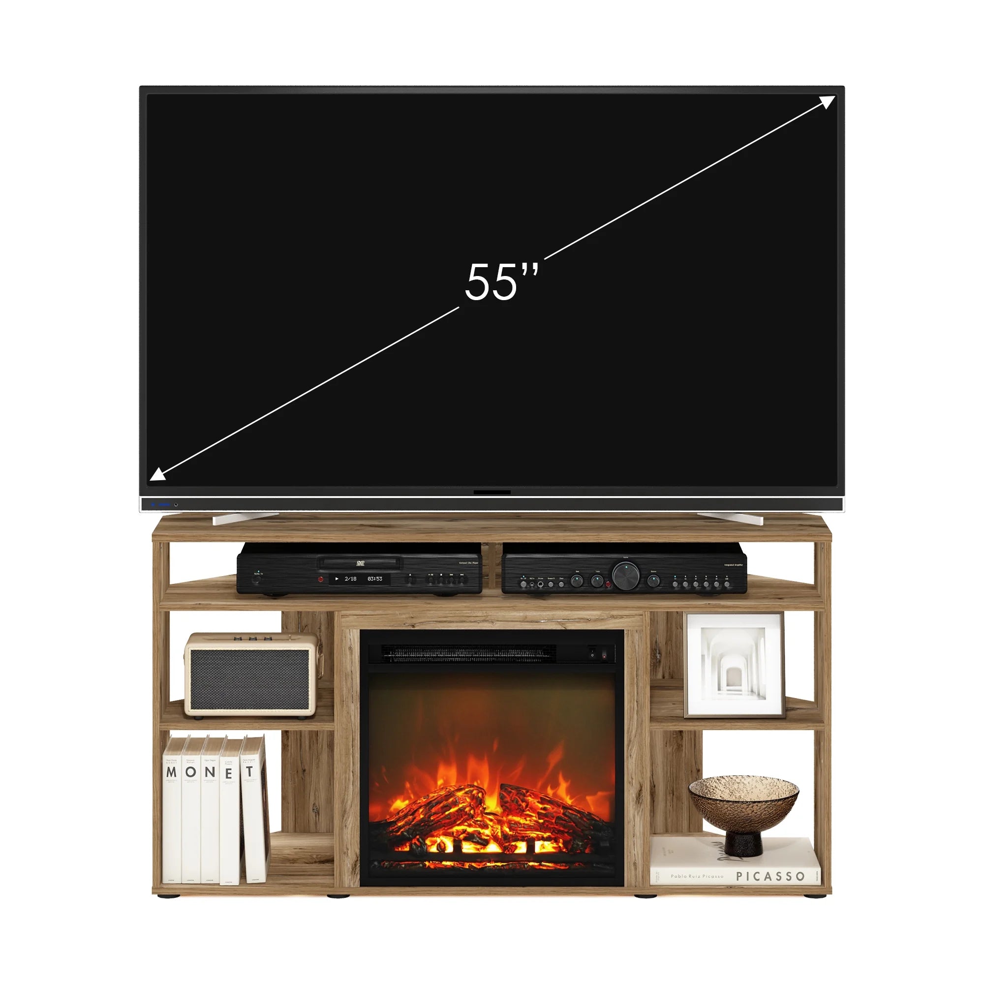 Furinno Jensen Corner TV Stand with Fireplace for TVs up to 55", Flagstaff Oak T250