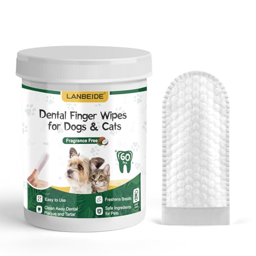 LANBEIDE Pet Teeth Cleaning Wipes for Dogs & Cats 60 Counts, Dog Dental Wipes for Reducing Plaque & Tartar, Breath Freshener Dental and Gum Care Finger Pet Wipes, No Hard Toothbrush