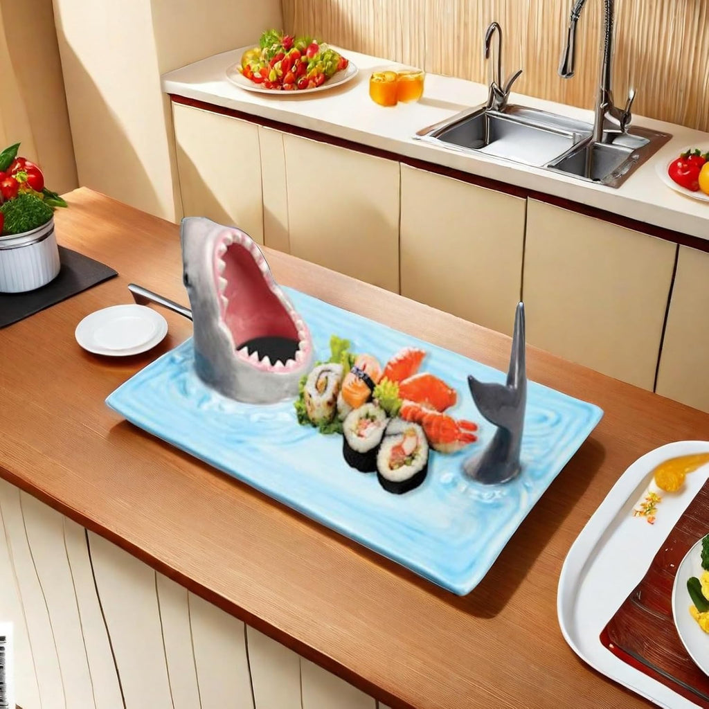 Hand-painted Ceramic Shark Sushi Plate with Sauce Compartment R26757