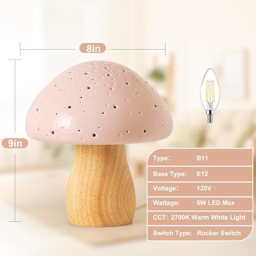 BOHON Mushroom Lamp, Ceramic Bedside Nightstand Light, Pink, LED Bulb Included T88188
