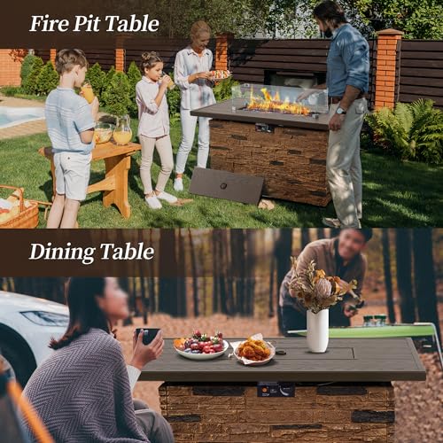 43" Propane Fire Pit Table Outdoor Rectangular Stone with Glass Wind Guard O259531