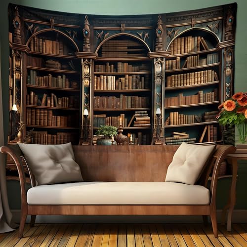 QGHOT Medieval Bookshelf Tapestry Vintage Library Wall Hanging P36533
