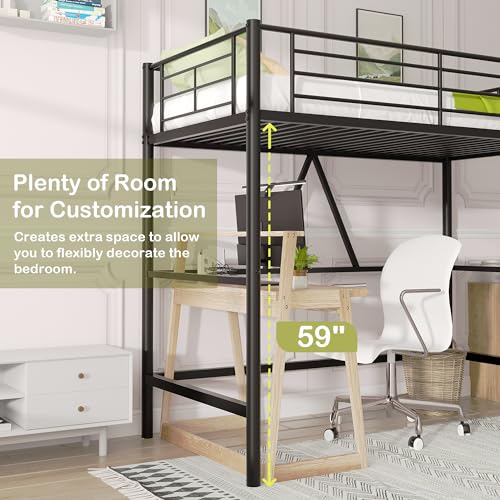 VECELO Loft Bed Twin Size Metal Frame with Ladder and Guardrail, Pink B728246