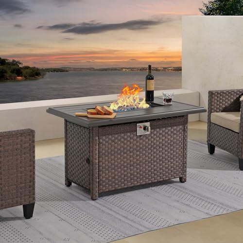 SUNSITT Outdoor Fire Pit Table 43 Inch Wicker Propane with Aluminum Tabletop, Taupe F2263