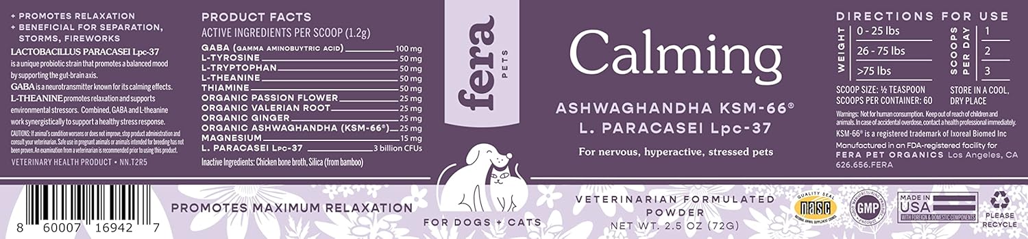 Fera Pets Calming Supplement for Dogs & Cats, Vet Created, GABA & Ashwagandha, 60 Scoops W32394