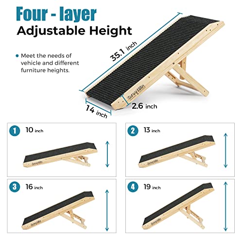 Wooden Folding Pet Ramp for Small to Medium Dogs and Cats, 4-Level Adjustable, Non-Slip Carpet Surface H230