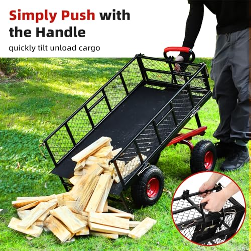Steel Garden Dump Cart 880lbs, Heavy Duty Utility Wagon with Removable Mesh Sides Q536