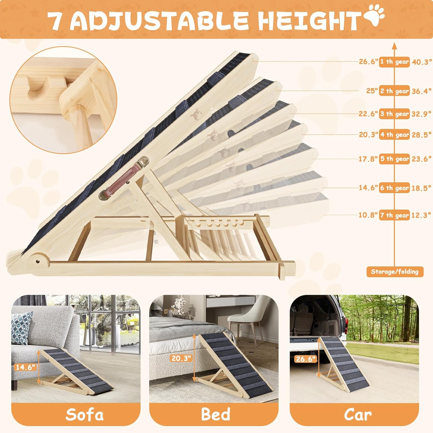 Folding Wooden Dog Ramp for Bed, Car, Couch, Adjustable Height, Supports 200lbs U10438