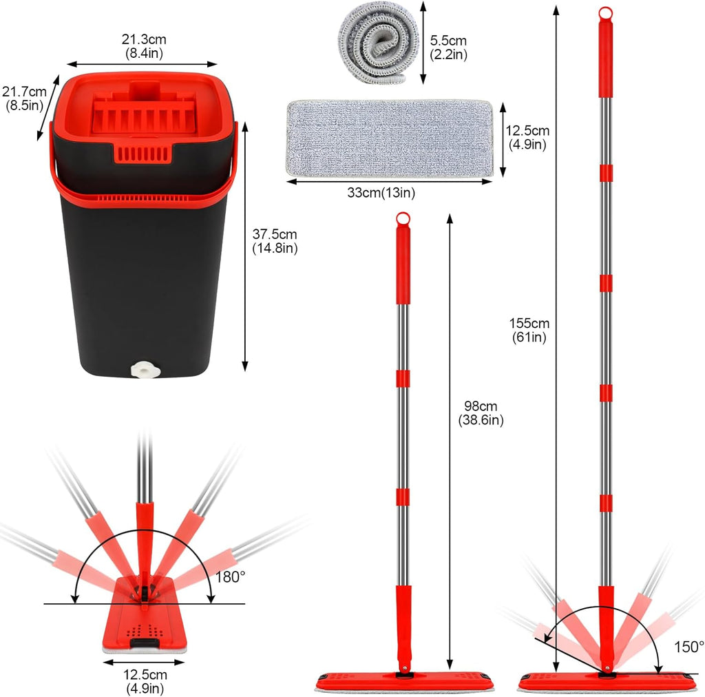 Mop and Bucket with Wringer Set, Hands Free Flat Mop with Stainless-Steel Handle, 3 Microfiber Pads S594