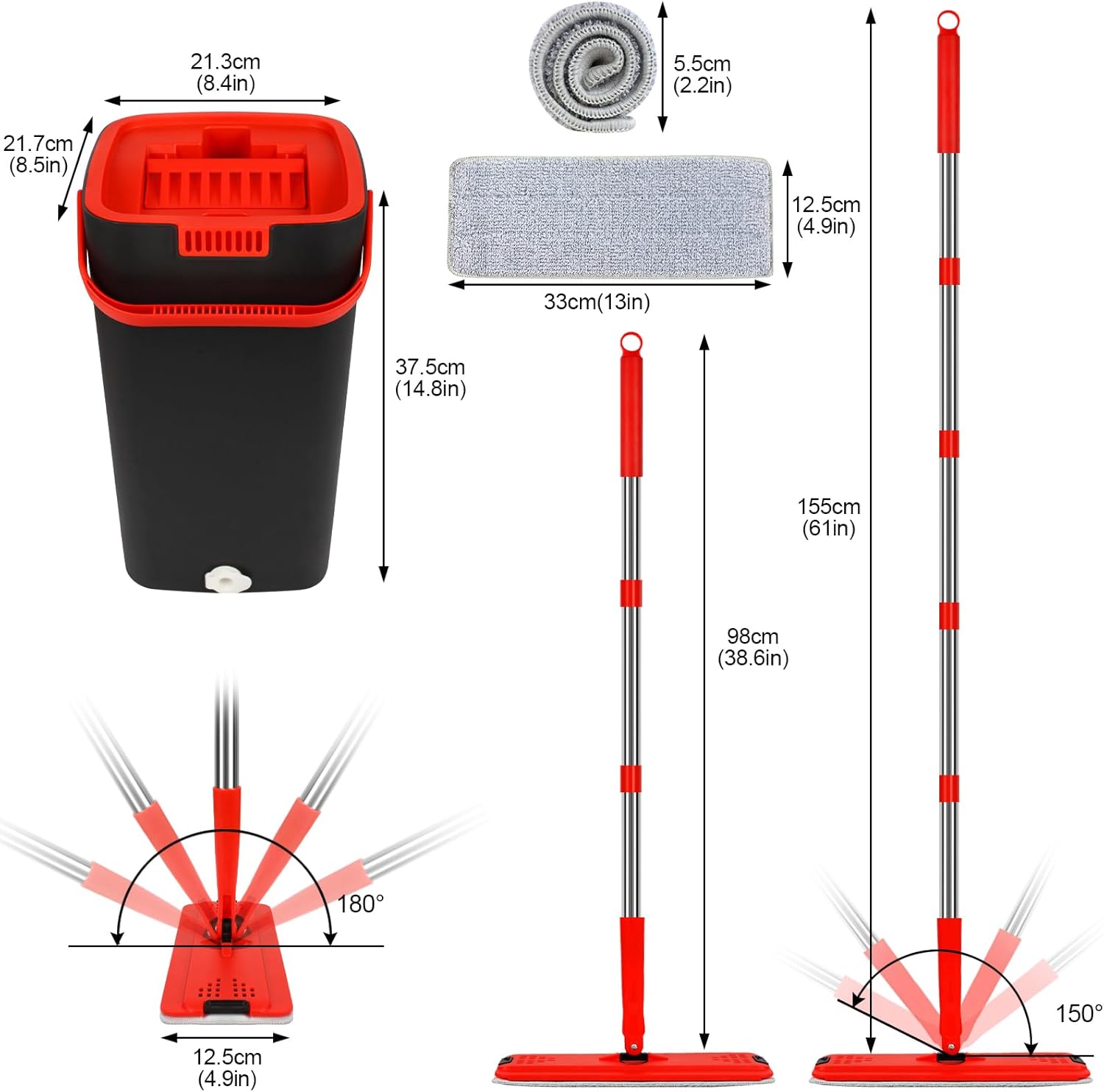 Mop and Bucket with Wringer Set, Hands Free Flat Mop with Stainless-Steel Handle, 3 Microfiber Pads S594