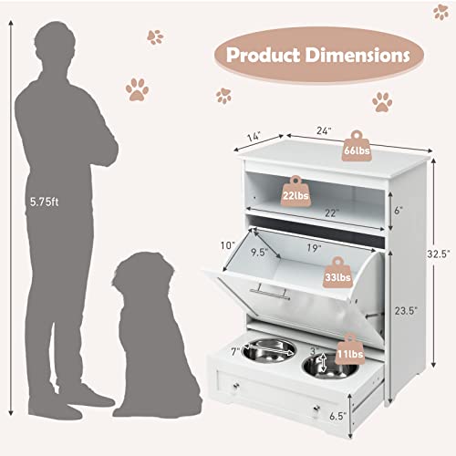 Dog Feeding Station with 2 Raised Bowls and Food Storage, White W326