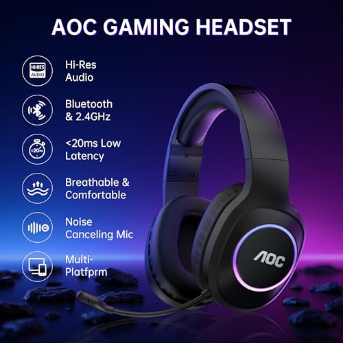 AOC Wireless Gaming Headset for PS5, PS4, Switch, PC, Bluetooth & 2.4GHz, Noise Canceling Mic, Black T56956