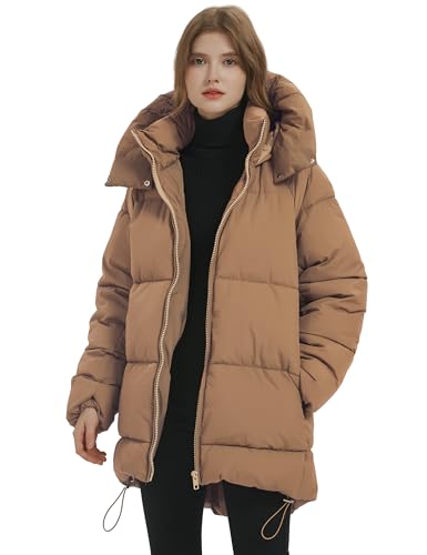 PEHMEA Women Mid-Length Puffer Hooded Jacket Winter Padded Warm Coat Thicken Outerwear Coats