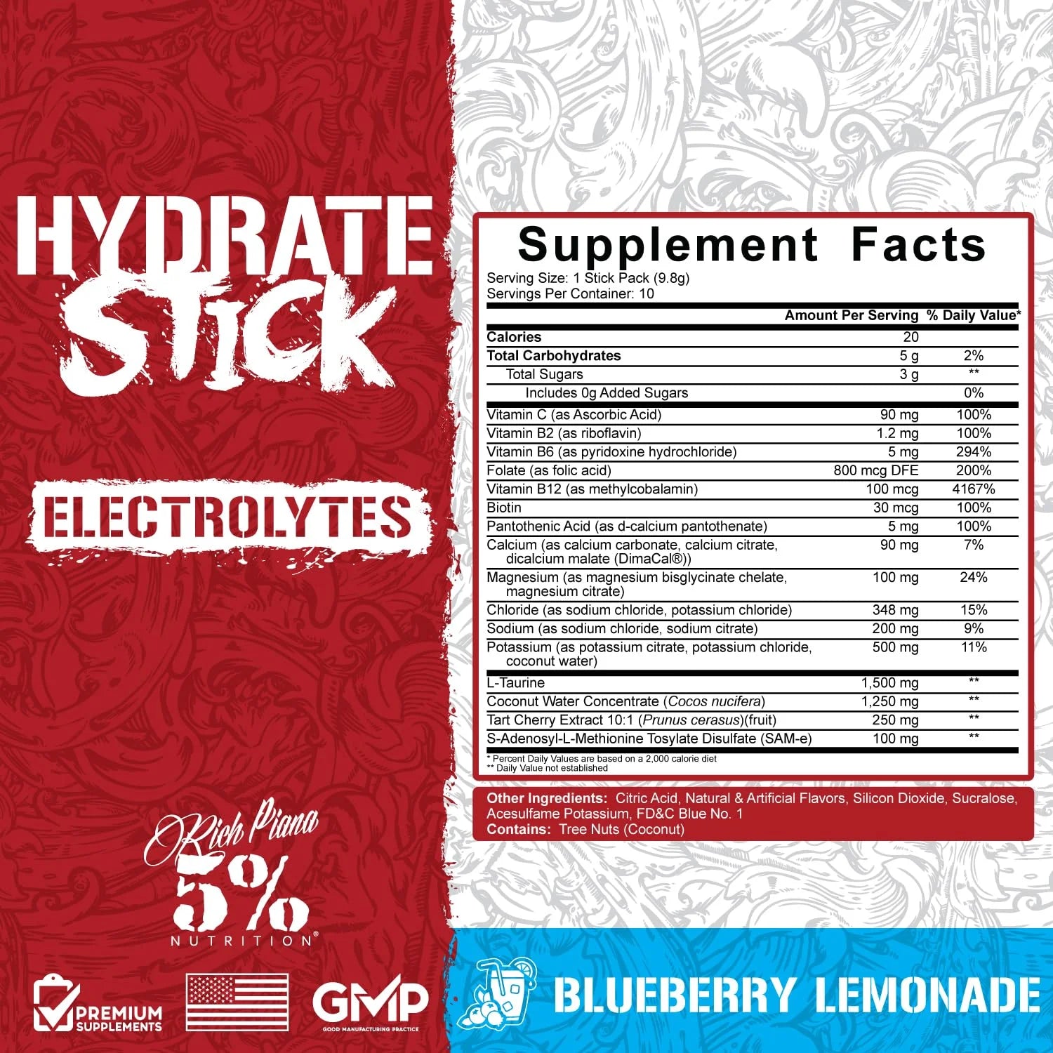 5% Nutrition Hydrate Stick Hydration Packets Electrolyte Powder Blueberry Lemonade 10 Count Y8573