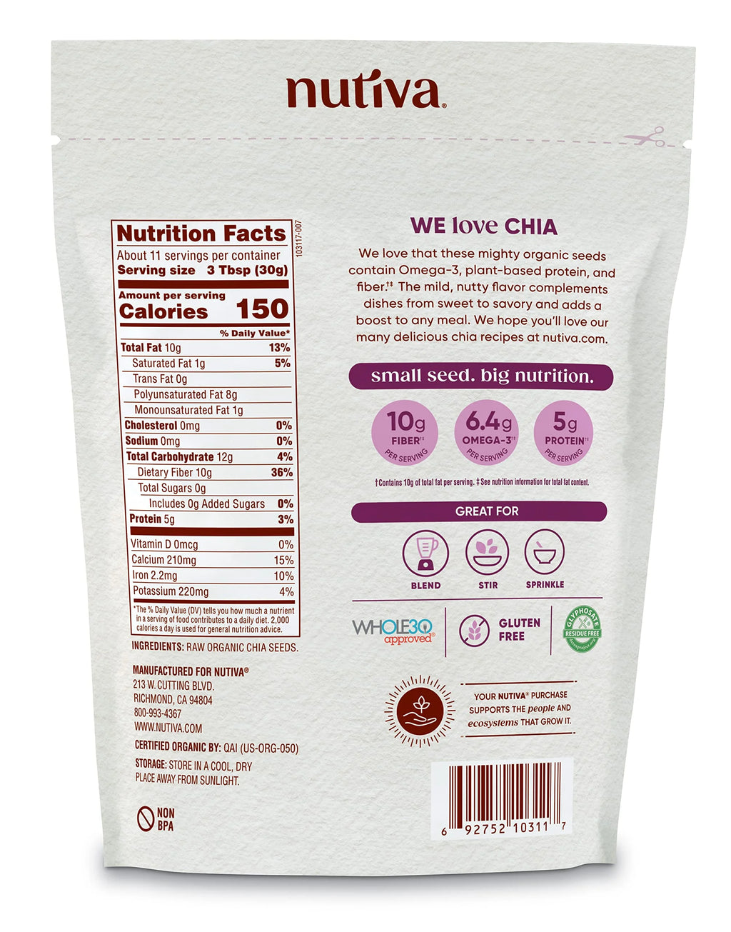 Nutiva Organic Raw Black Chia Seeds, 12 Oz, USDA Organic, Non-GMO, Vegan W5797
