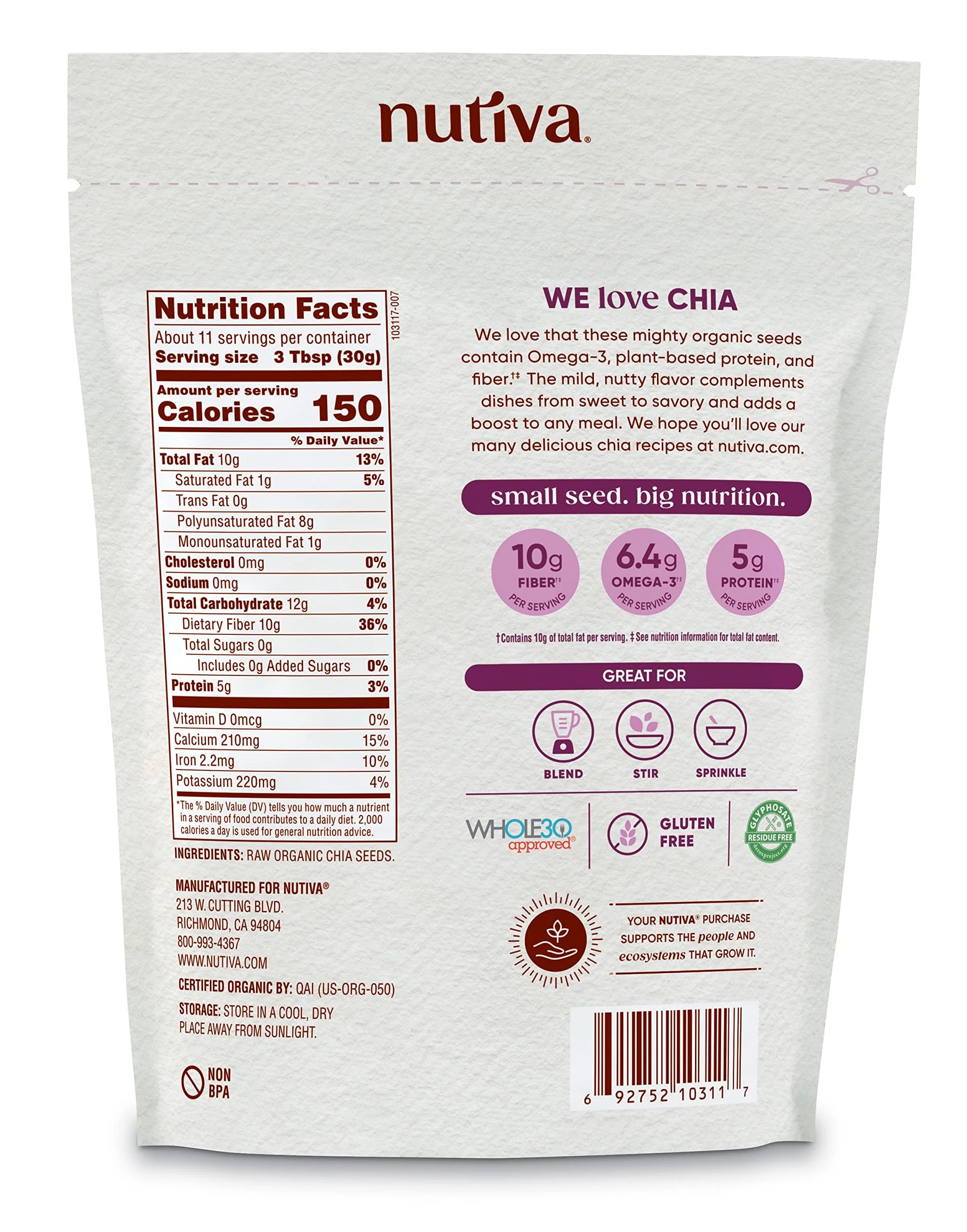 Nutiva Organic Raw Black Chia Seeds, 12 Oz, USDA Organic, Non-GMO, Vegan W5797