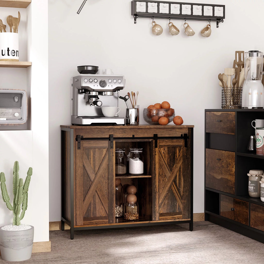 HOMCOM Industrial Sideboard Buffet Cabinet with Sliding Barn Doors, Rustic Brown A25906
