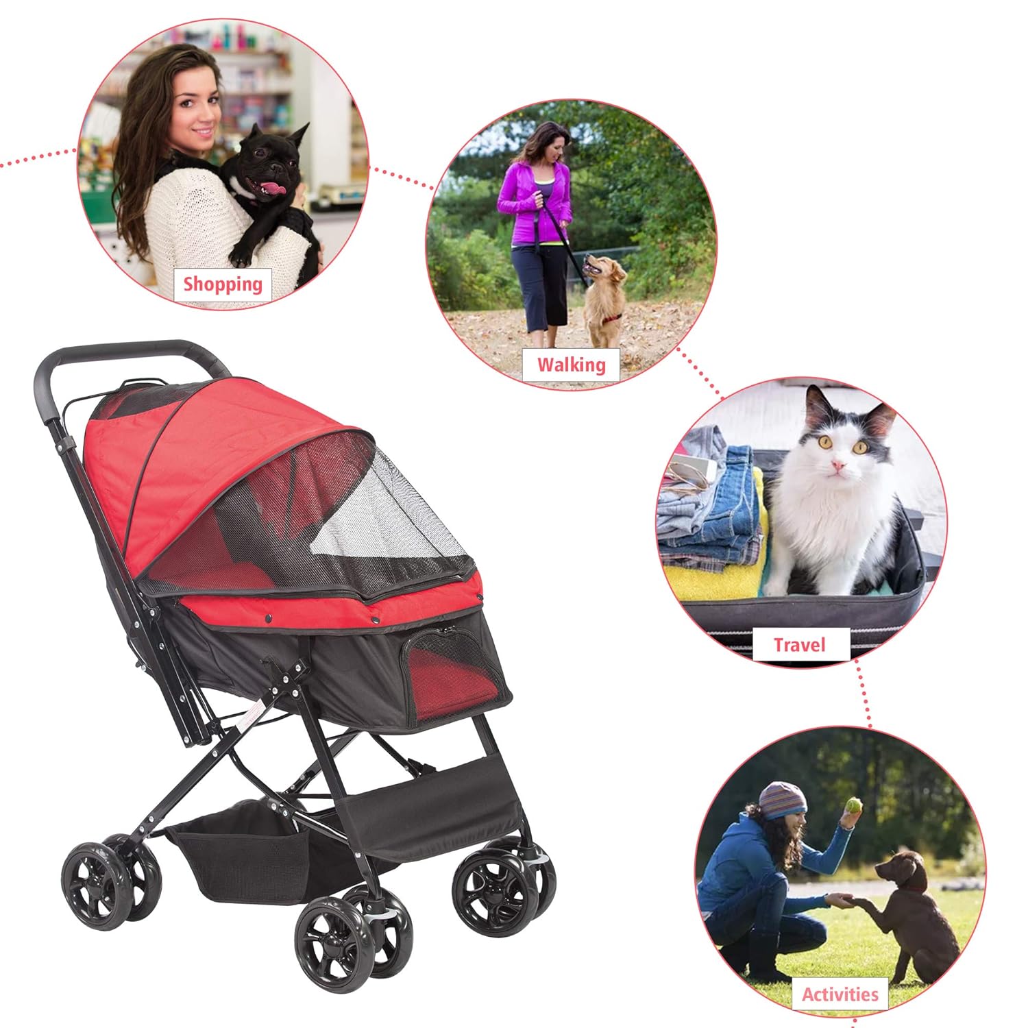 Folding Dog Stroller Travel Cage for Pets - Large 4 Wheels Elite Jogger - Red S57190