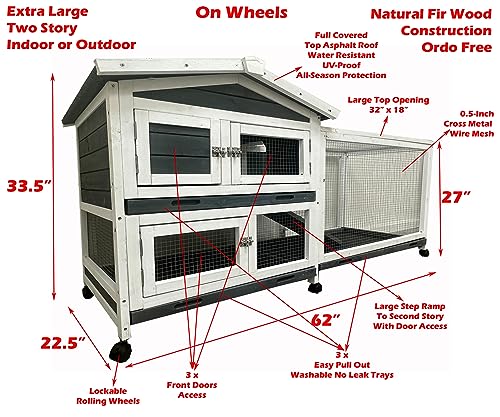 Extra Large Two Story Outdoor Rabbit Hutch Chicken Coop with Wheels and Pull Out Tray N75520