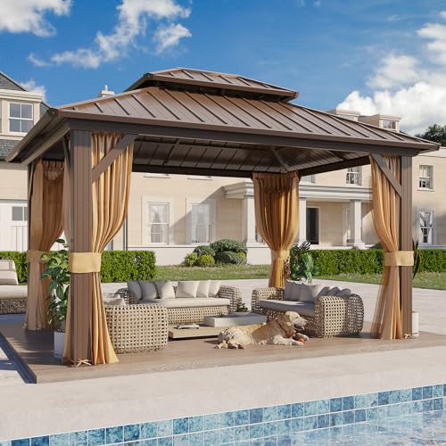 YOLENY 10' x 12' Hardtop Gazebo with Galvanized Steel Double Roof, Netting and Curtains Y84317