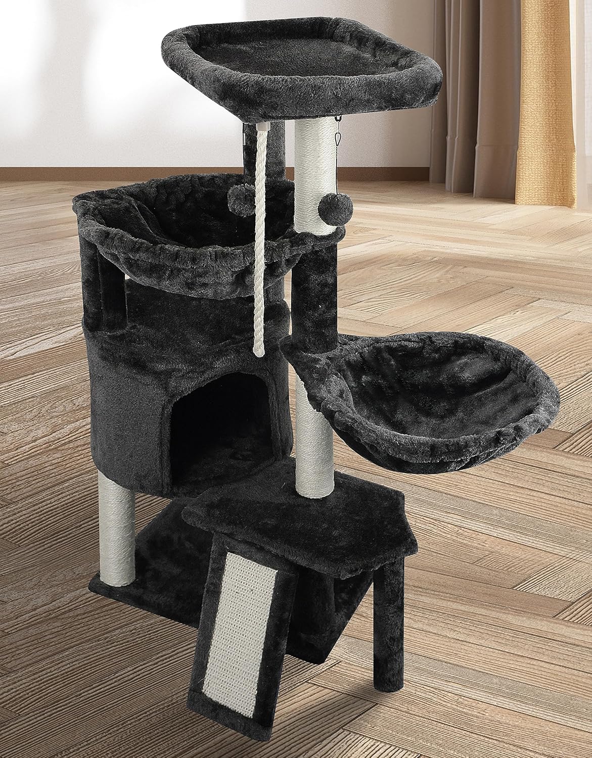 Xin Three Layer Cat Tree with Cat Condo and Two Hammocks, Darkgray C11890