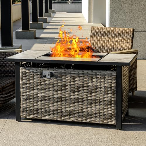 30" Propane Fire Pit Table with Ceramic Top, 50000 BTU, Outdoor Gas Firepit with Lid & Glass Rock Y964