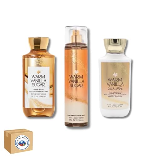 Global Basics 3 Piece Bath & Body Works Warm Vanilla Sugar Full Size Gift Set | Shower Gel, Fine Fragrance Mist & Body Lotion | Packaging Varies
