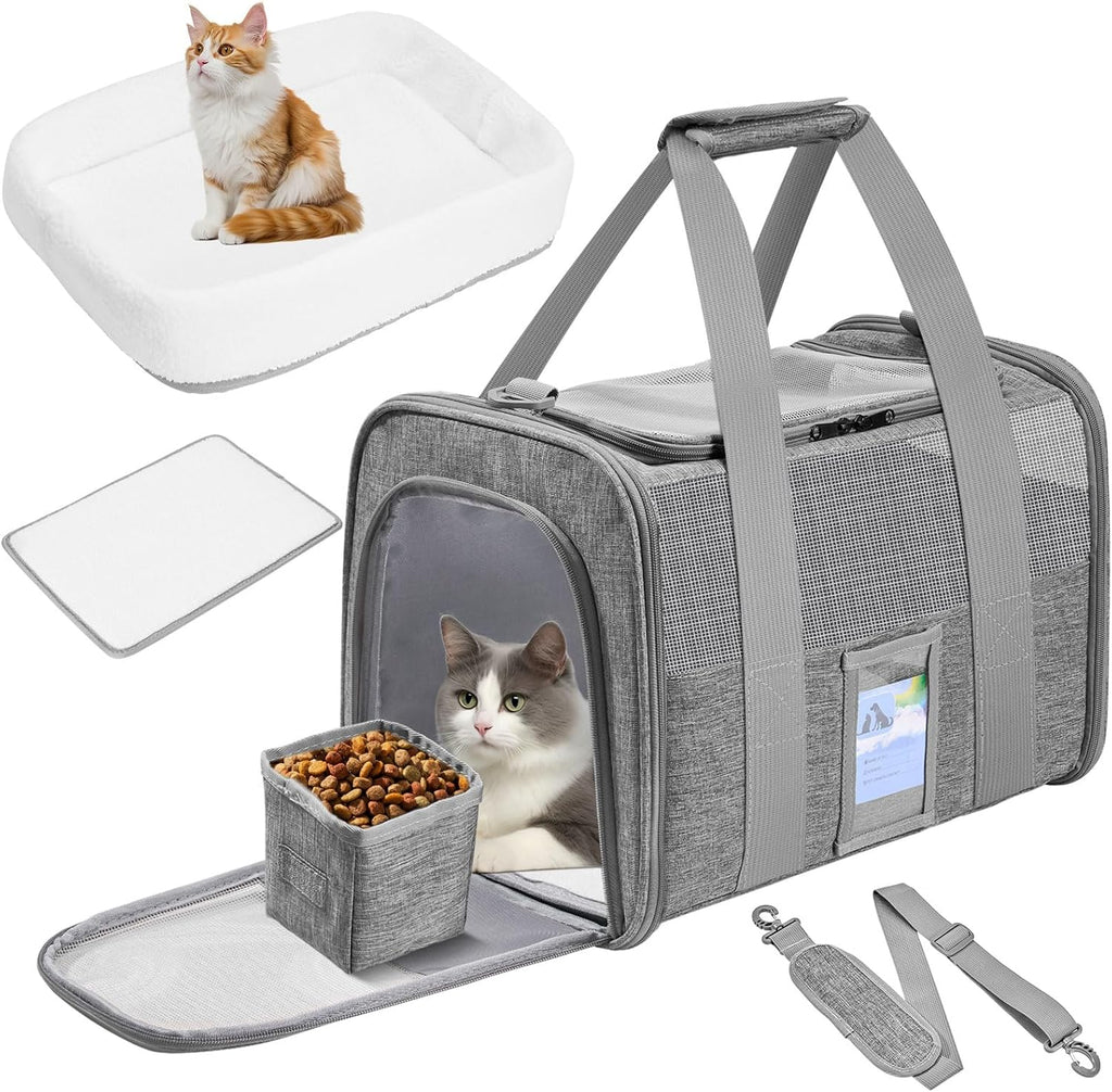 Soft Sided Cat Carrier for Under 22 Pounds, Folable Pet Carrier for Small Medium Cats Dogs, Roomy Dog Travel Carrier, Collapsible Puppy Carrier Bag with Locking Safety Zippers, Gray