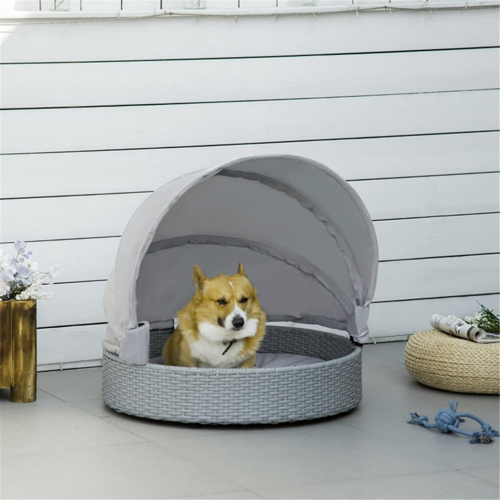 Wicker Dog Bed Rattan Pet Sofa with Adjustable Canopy and Cushion, Grey V581