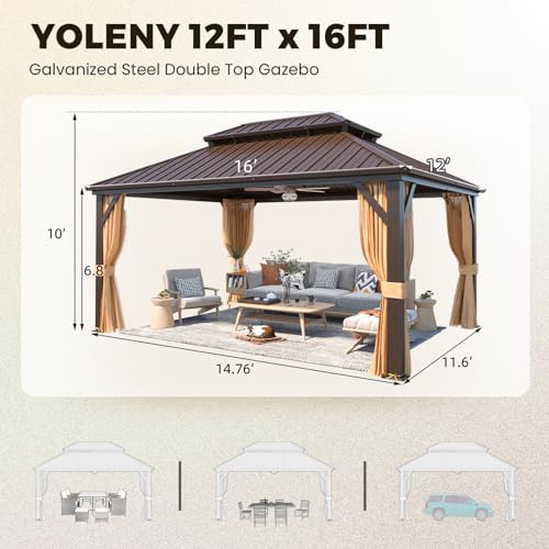 YOLENY 10' x 12' Hardtop Gazebo with Galvanized Steel Double Roof, Netting and Curtains Y84317