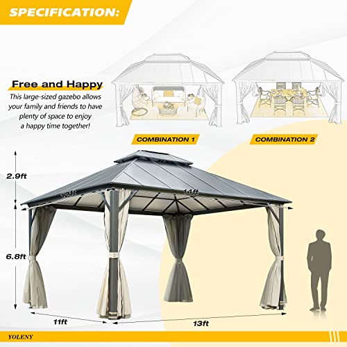 YOLENY 10' x 12' Hardtop Gazebo with Galvanized Steel Double Roof, Netting and Curtains Y84317