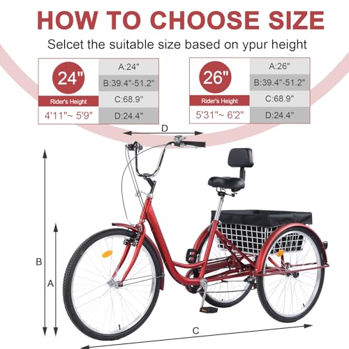 Adult 3-Wheel Tricycle 24/26-Inch 7-Speed with Basket D757