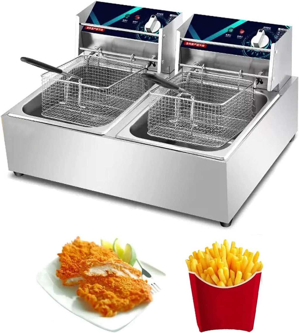 20L Electric Deep Fat Fryer, Counter Top Double-Cylinder Stainless Steel Fryer, with 2 Fry Basket And Lid, with Adjustable Temperature Setting + Light Indicator