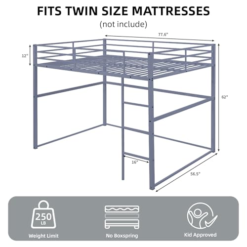 Metal Loft Bed Frame Twin Size with Safety Guard Rails & Built-in Ladder, Black C7852