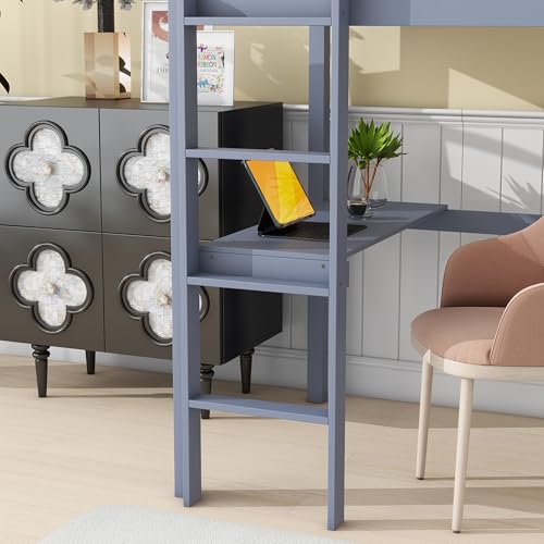 Twin Size Low Loft Bed with Ladder and Safety Guardrail, Solid Wood, White D5235